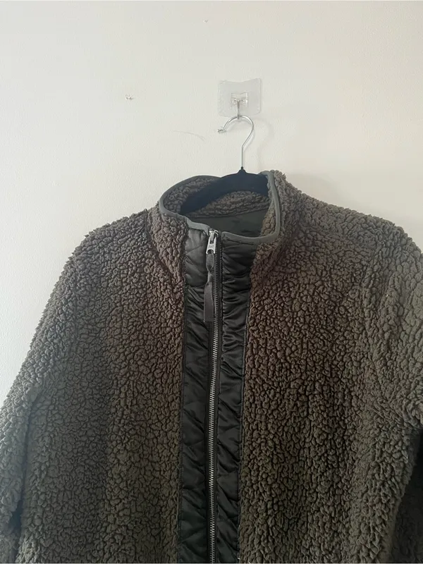 Abercrombie Olive Green Sherpa Teddy Fleece Jacket Large Full Zip Travel Casual - Image 2