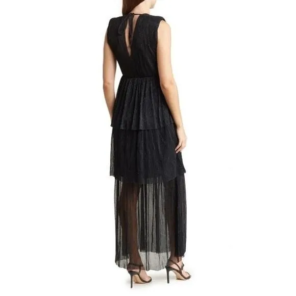 Melloday Black Metallic Plisse Tiered Maxi Dress Sleeveless V-Neck XS‎ New - Image 2