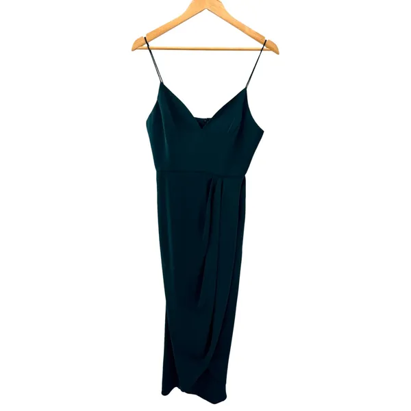 Shona Joy Core Cocktail Draped Midi Dress Emerald Green Wedding Guest Size 8 US - Image 3