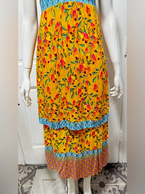 FARM Rio for Anthropologie Anjou Yellow Floral Maxi Dress with Blue Trim Size 0 - Image 8