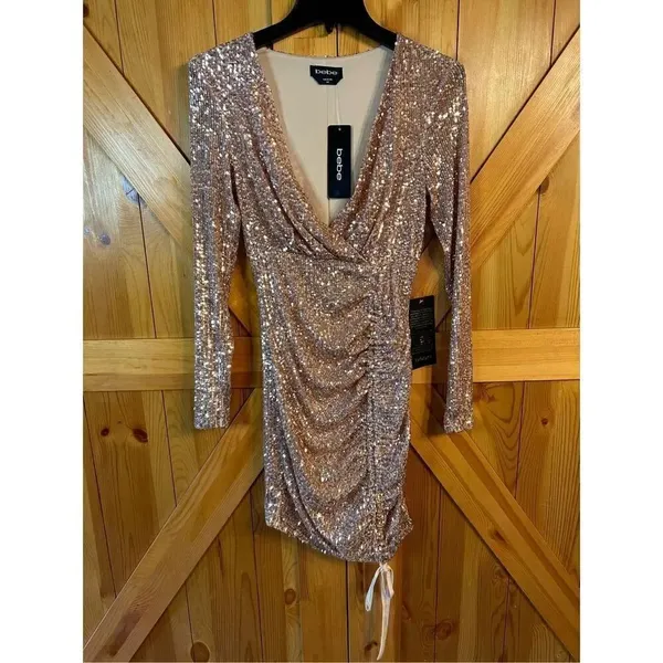 Bebe Ruched Sequin Mini Dress Hazelnut/Silver XXS Nwt (4150) - Image 2