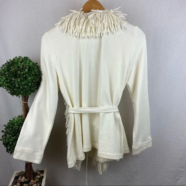 Ruby Rd. Ivory Fringe Trim Cotton Cardigan Tie Ponte Knit Sweater M - Image 5