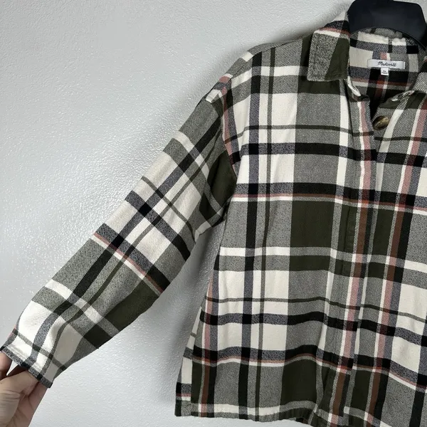 Madewell Flannel Bromley Plaid Shirt Womens Size XS‎ Green Cream Cotton Buttons - Image 3