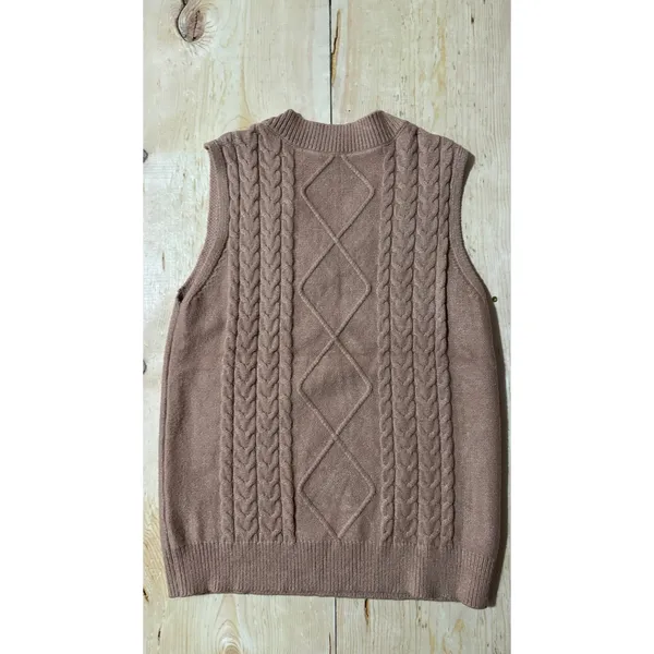Unbranded Women's V-Neck Cable Knit Sweater Vest‎ Tan Brown Size Medium - Image 3