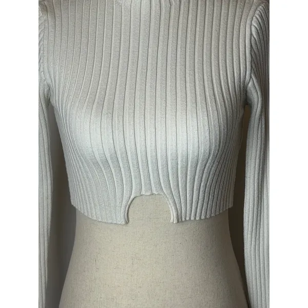 Edikted Sweater‎ Women XS Ivory Ribbed Knit Bonnie Cropped Mock Neck Streetwear - Image 7