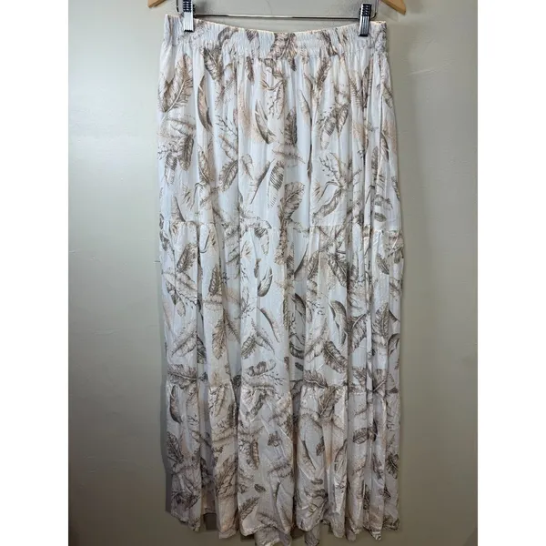 Elan Maxi Skirt Women XL Beige Lima Leaf Print Tiered Boho TP4152 New - Image 6