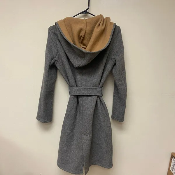 Zara Wool Blend Camel Gray Wraparound Hooded Coat MEDIUM - Image 6