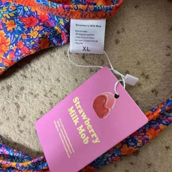 Strawberry Milk Mob Floral High Leg Bikini Bottom Womens XL Blue Orange Retro - Image 6