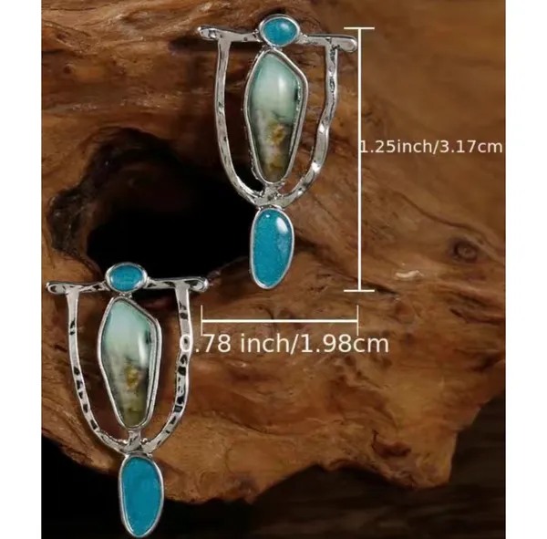 "Kiowa Tribal" Aqua Green Stone Dangle Earrings - Image 2