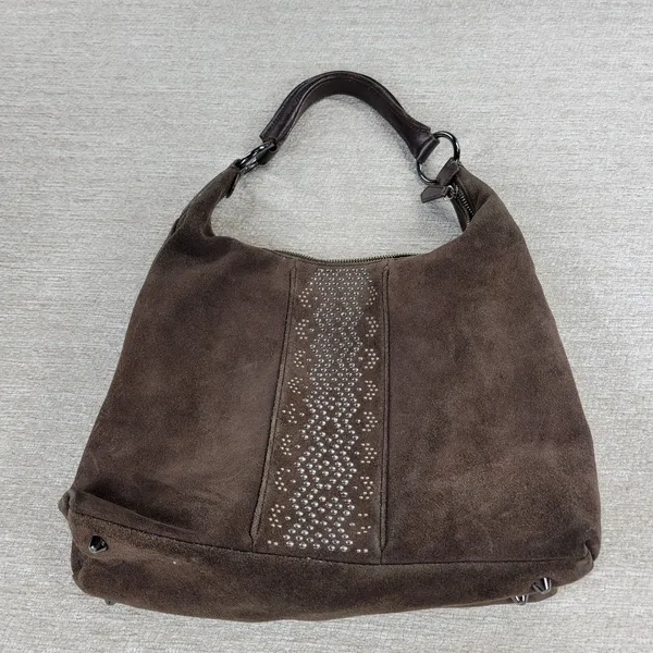 Via Spiga Suede Hobo Bag Brown Studded Rivet Leather Handle Y2K Boho Western - Image 2