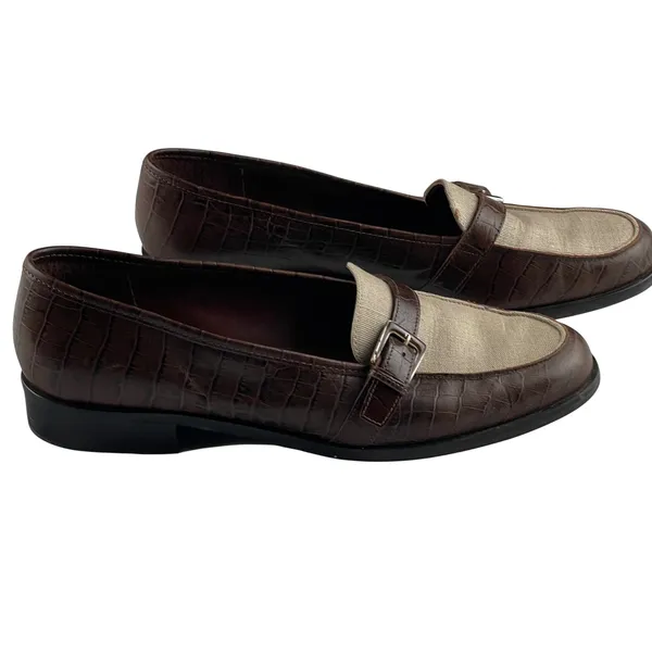 Etienne‎ Aigner Carver Brown Croc Embossed Leather Fabric Buckle Loafers 9.5M - Image 3