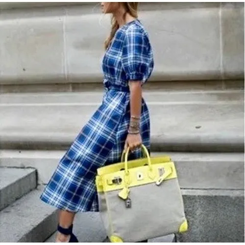 ZARA‎ Blue Plaid Taffeta Dress Belted Tie Waist Midi Buttondown Preppy Small - Image 6