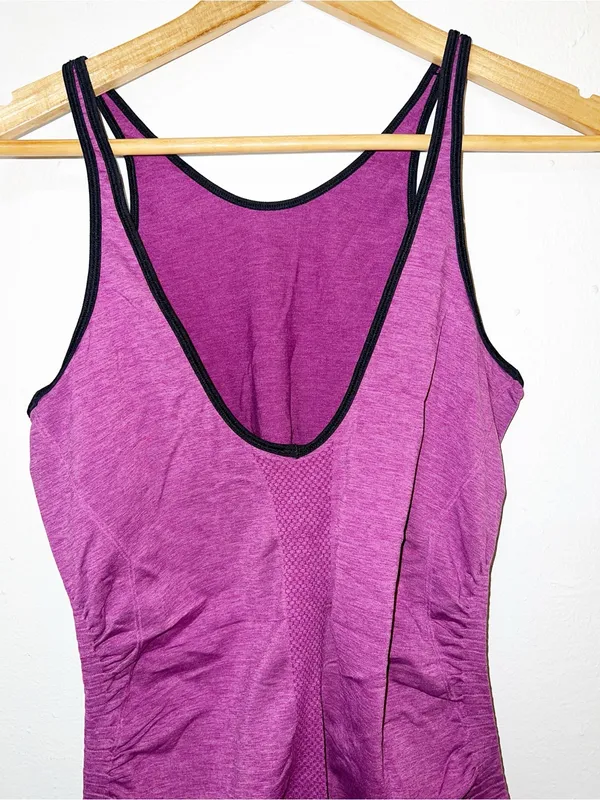 Lululemon Women’s In The Flow Purple Low Open Back Tank Top w/ Black Trim and Ruched Sides - Image 6