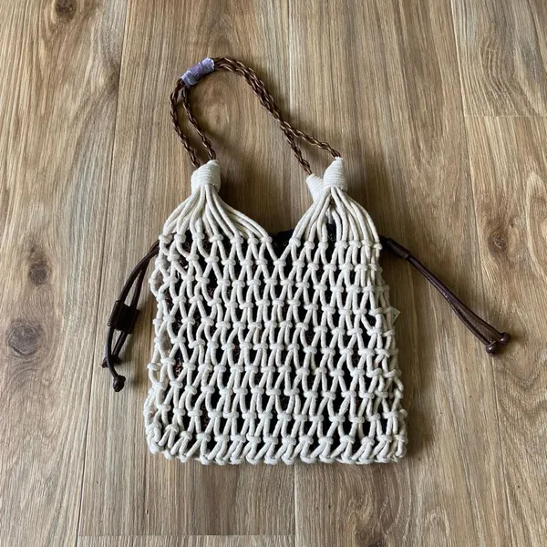 Free People Ivory Macrame Crochet Bucket Bag Boho Drawstring Tote NWT - Image 3