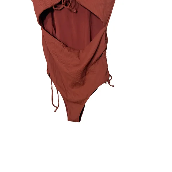 Aerie Womens Ribbed Cutout One Piece Swimsuit Rust Brown Ruched Medium - Image 3