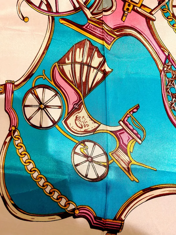 VTG Royal Regal Carriage Print turquoise/PINK oversized square Silky Scarf 35/35 - Image 4