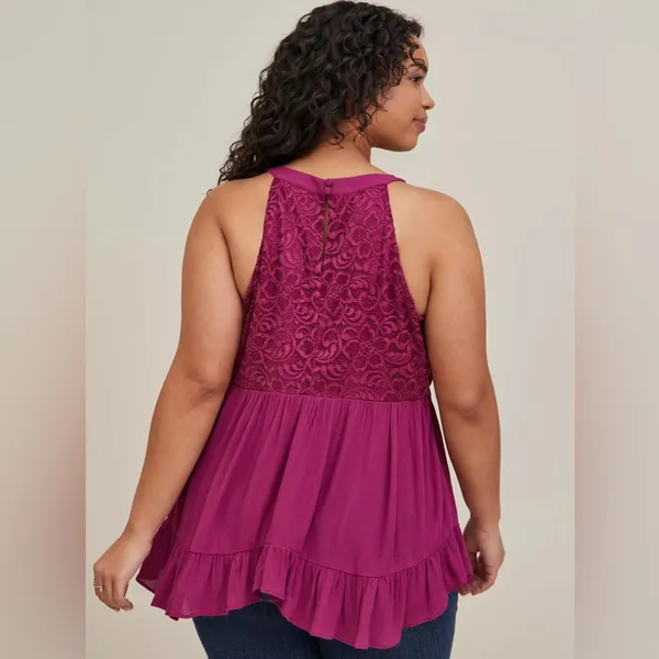 NEW Torrid Babydoll Gauze With Lace Halter Neck Tank Purple Women's Size 2X - Image 2