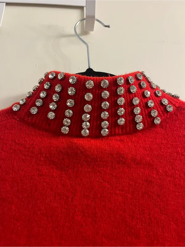 GRLFRND Katherine Red Rhinestone Collar Knit Sweater Small - Image 8