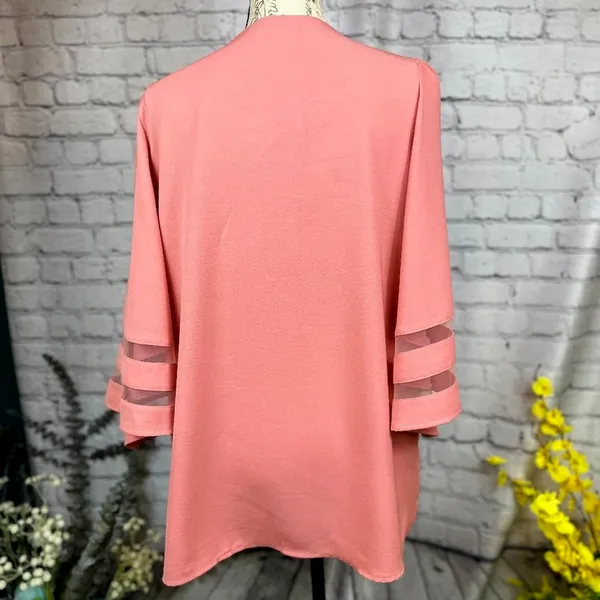 Casual V Neck 3/4 Bell Sleeve Mesh Panel Blouse Coral XL - Image 6