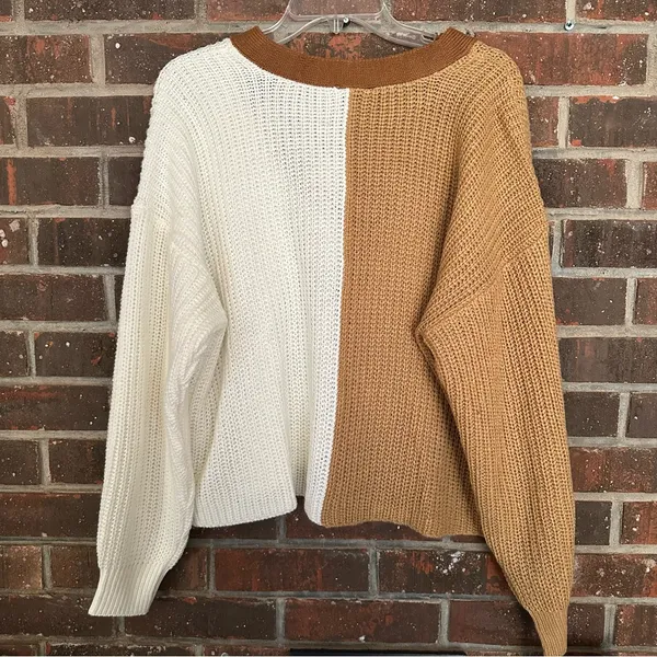 NWT True Craft Plus Size Tan & White Colorblock Button Front Sweater Cardigan - Image 3