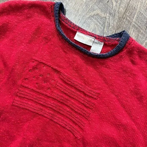 Vintage 90s‎ Red USA American Flag Knit Crewneck Crop Sweater Womens Size XL - Image 3