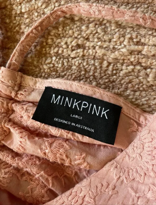 MINKPINK Pink Embroidered Mini Dress Size L Open Back Ruffle Hem - Image 3