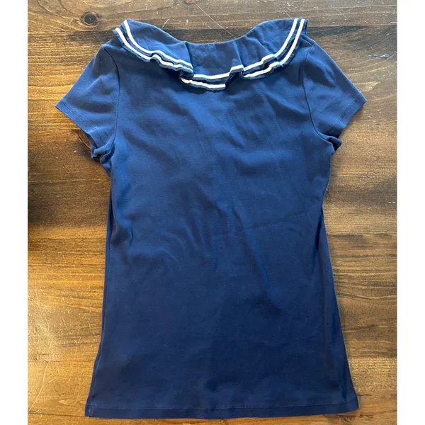 Ralph Lauren Ruffle Top Med Sailor Navy Striped Cotton Nautical Preppy Coastal - Image 3