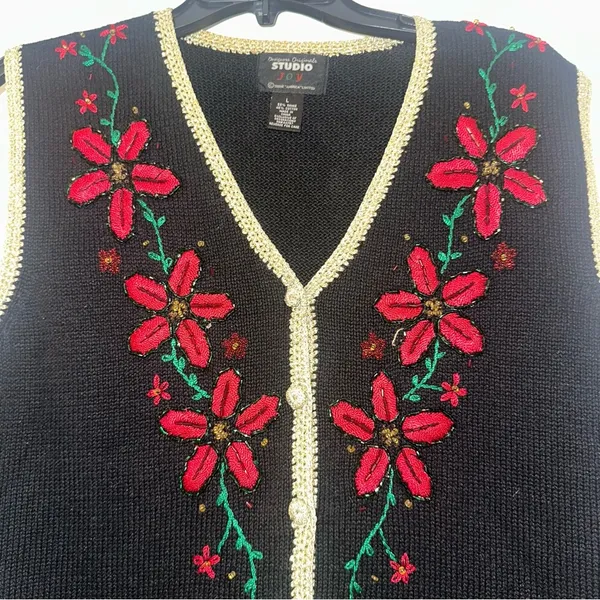 Women’s ugly Christmas sweater vest Embroidered Beaded Poinsettias Large - Image 2