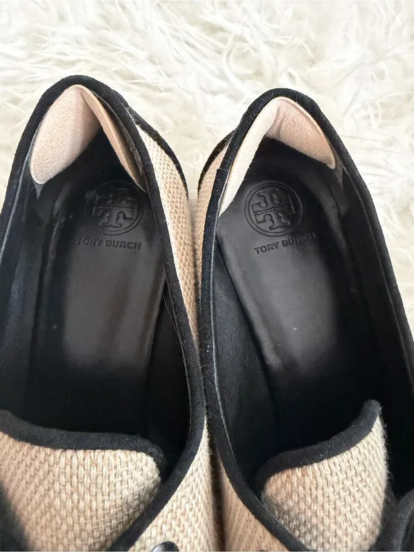 Tory Burch Fawn Oxford Linen Tan Espadrille Lace Up Loafers Shoes Women Size 9.5 - Image 4