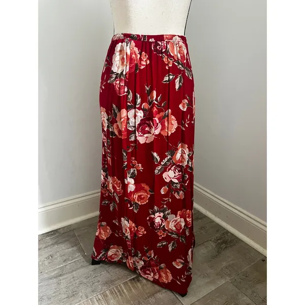 Vintage Red Floral Maxi Skirt sz Small 25 Coastal‎ Chic Resort 80s Boho Romantic - Image 4