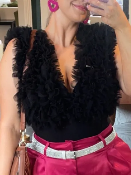 Black Tulle Ruffled V-Neck Women's Bodysuit - Image 2