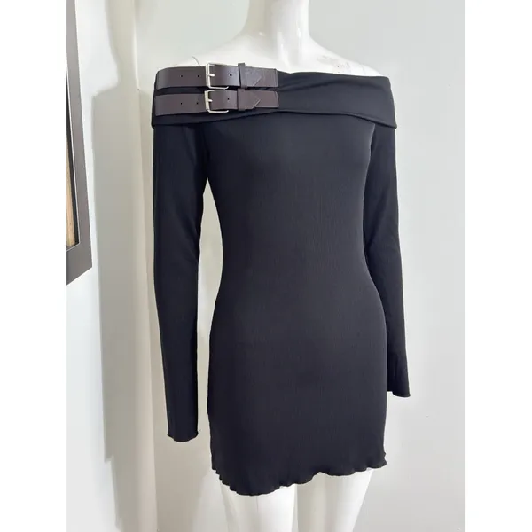 Y2K Black Off Shoulder Sweater Mini Dress Buckle Ribbed Knit Goth Grunge M - Image 3