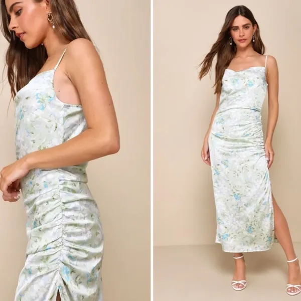 LULUS Floral Sexy Chic Satin Wedding Formal Event Floral Slip Midi Dress - Image 2
