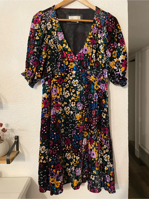 Anthropologie Multicolor Floral V-Neck Puff Sleeve Velvet Francie Mini Dress - Image 4