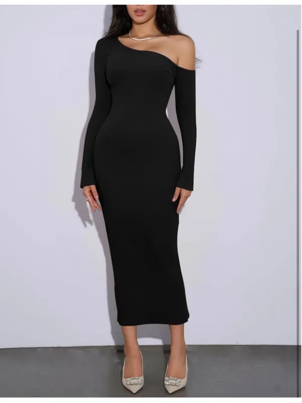 NEW 1 Shoulder Long Sleeve Ribbed Dress Back Slit Bodycon S - Image 5