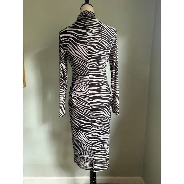 Nine West Zebra Print Mock Neck Ruched Long Sleeve Midi Dress Small Black y2k glam party - Image 4