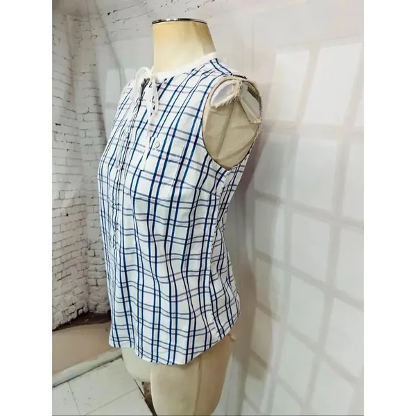 Brooks Brothers Red Fleece Blue White Plaid Sleeveless Tie Neck Blouse Top Sz 2 - Image 3