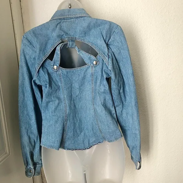 Rough Rider jean denim biker moto jacket fitted long sleeve cut out back. - Image 2