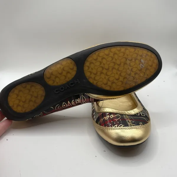 COACH Ballet Flats Gold Tartan Plaid True Graffiti Logo Shoes US 7.5 B Slip On - Image 7