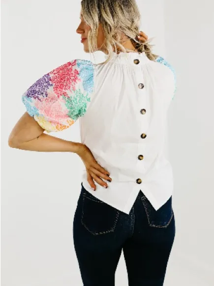 THML White Ruffle Neck Blouse Floral Multicolor Embroidered Puff Sleeves Small - Image 3