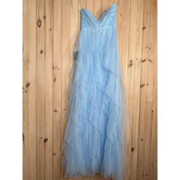 Lulus Women’s Delightful Beauty Blue Mesh Strapless Ruched Ruffled Dress Small - Image 5