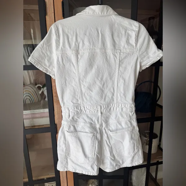 Zara denim playsuit romper button up utility short sleeves white cream collar - Image 3