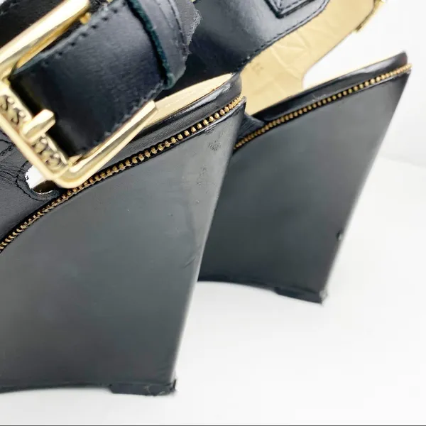 GUESS Jasminn Leather Upper Black Open Toe Wedge Sandals 8.5 Wedding Brunch - Image 4