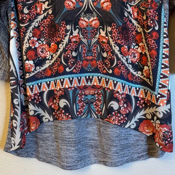 Live and Let Live Large Boho Gray Brown Rust Floral High Low Tunic Blouse - Image 4