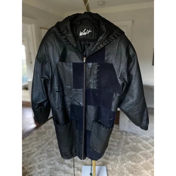 Vintage Winlit Leather Patchwork Coat Hooded Artisanal Eclectic Y2K Indie Sleaze - Image 2