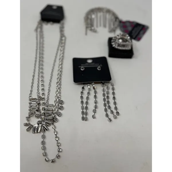 Paparazzi Necklace Bracelet Ring Two Sets of Earrings Silver and Rhinestones - Image 2