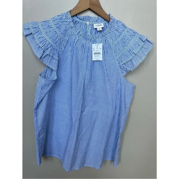 J.CREW Top Blue Striped NEW Flutter Sleeve Blouse 100% Cotton Size Small NWT - Image 2