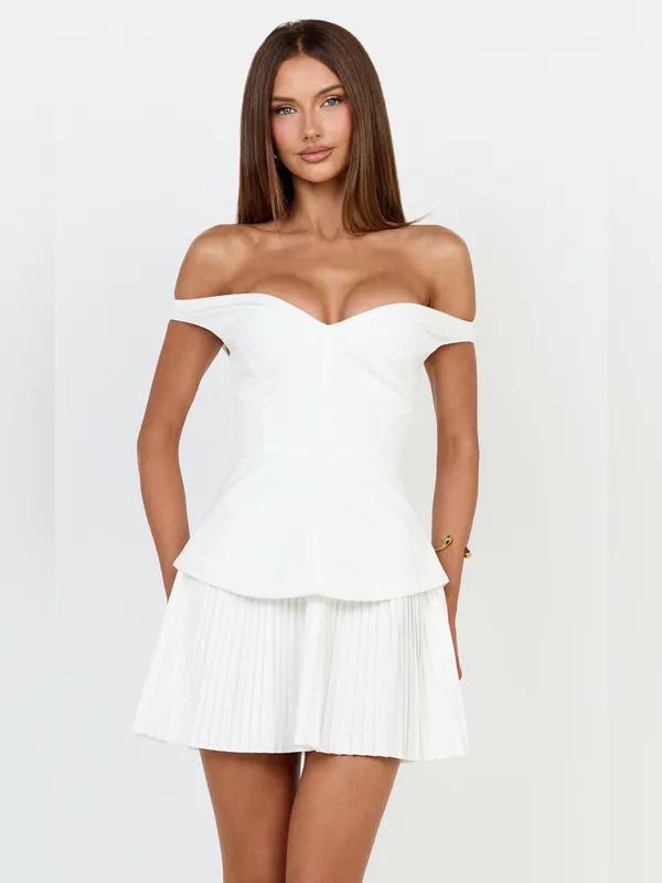 SHOWPO Izara Off The Shoulder Pleated Mini Dress In White - Image 6