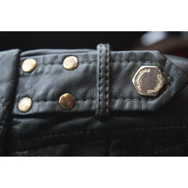 Coffee shop Womens Black Quilted Moto Jacket Studded Shoulder Zip‎ Up - Image 4