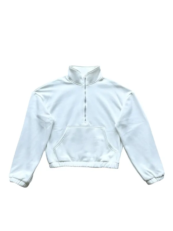 🔃White Drop Shoulder Zip Half Crop Sweatshirt - Image 3